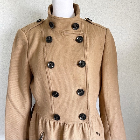 Burberry Camel Tan Brown Wool Peplum Double Breasted Coat Size 8 - Picture 3 of 15